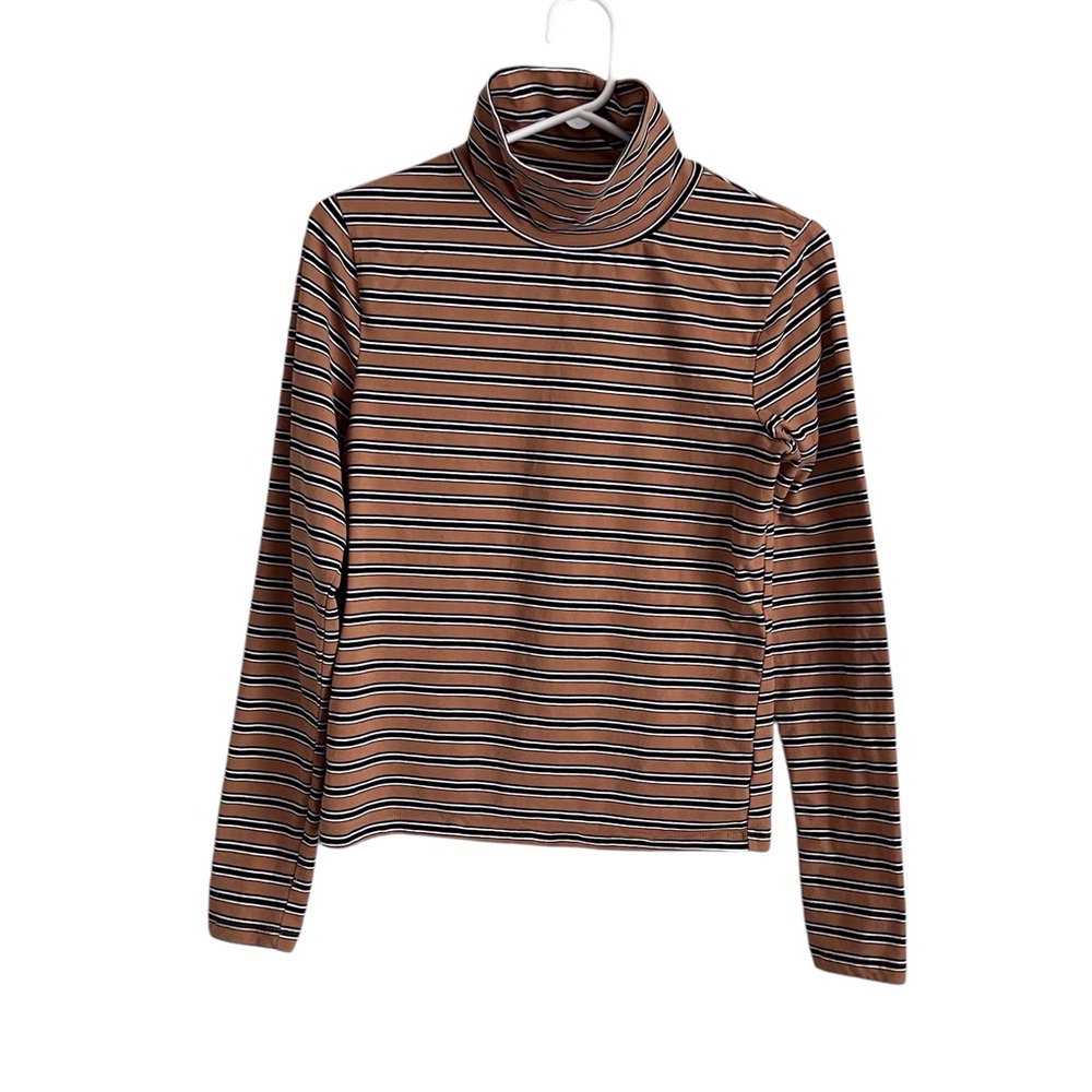 Urban Outfitters Womens Turtleneck Long Sleeve Top Tan Stripe Retro Crop Large